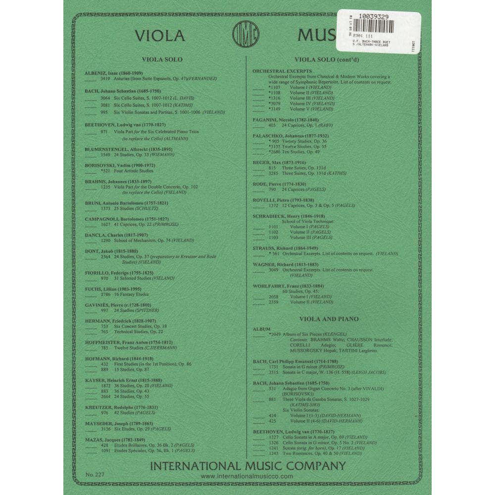 WF Bach - Three Duets for Two Violas - edited by Joachim Altemark and Joseph Vieland - International Music Company