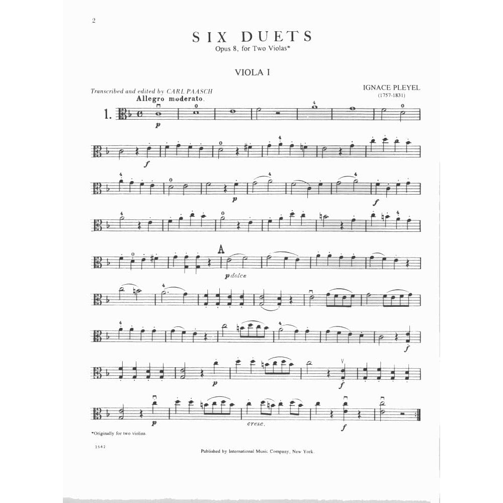 Pleyel, Ignace Joseph - Six Duets, Op 8, B 538-543 For Two Violas Edited by Paasch Published by International Music Company