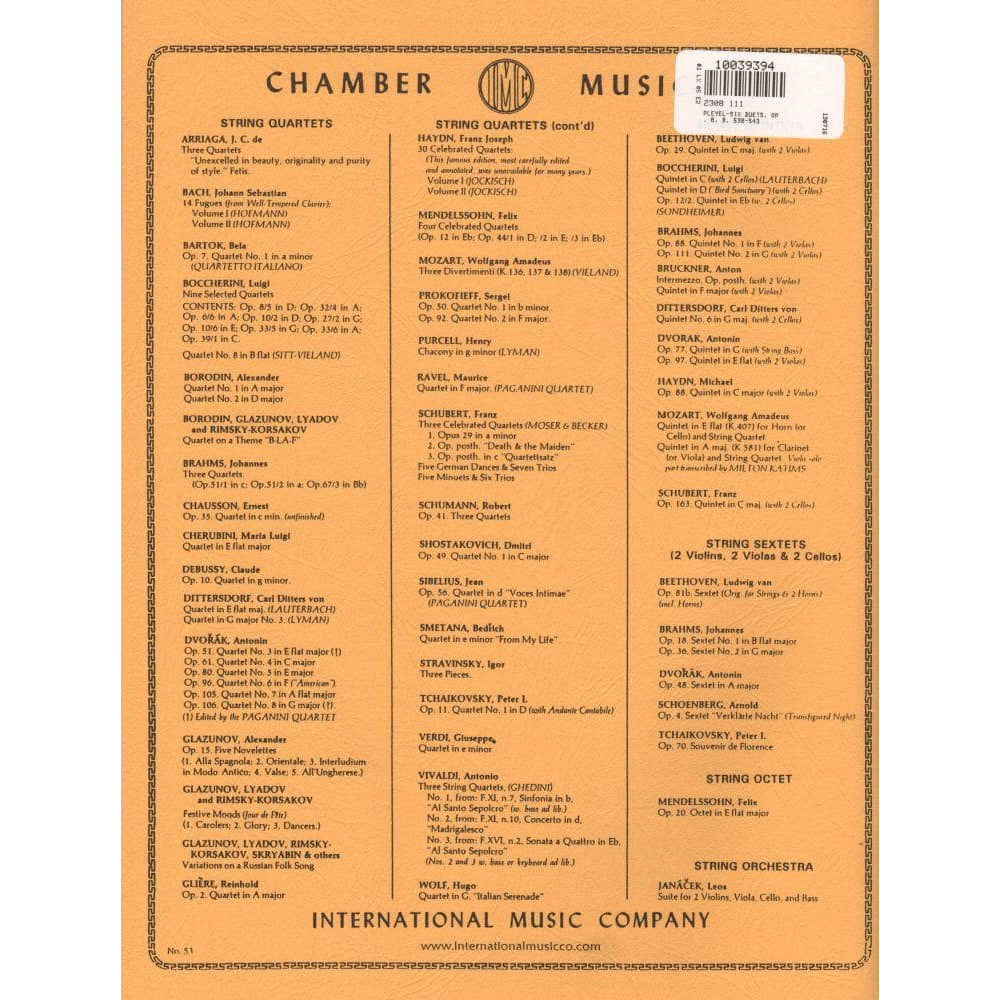 Pleyel, Ignace Joseph - Six Duets, Op 8, B 538-543 For Two Violas Edited by Paasch Published by International Music Company