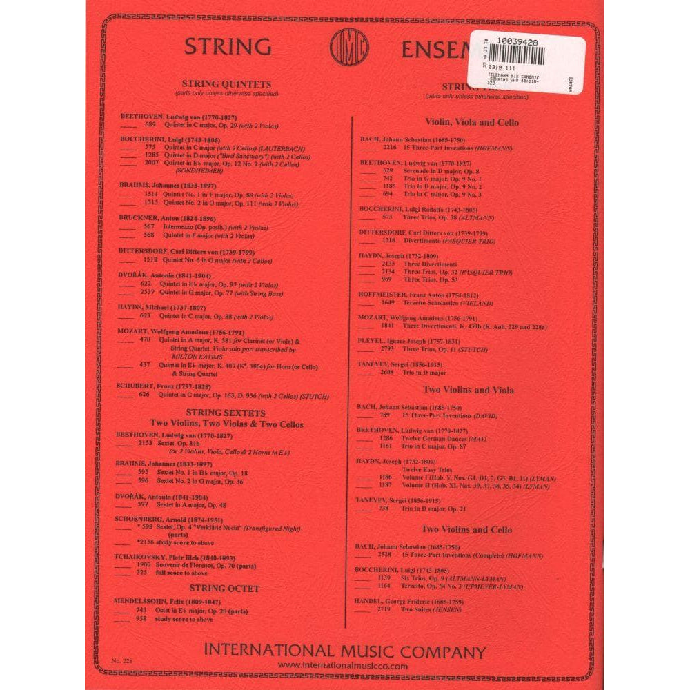 Telemann, Georg Philipp - Six Canonic Sonatas TWV 40:118-123 For Two Violas Published by International Music Company