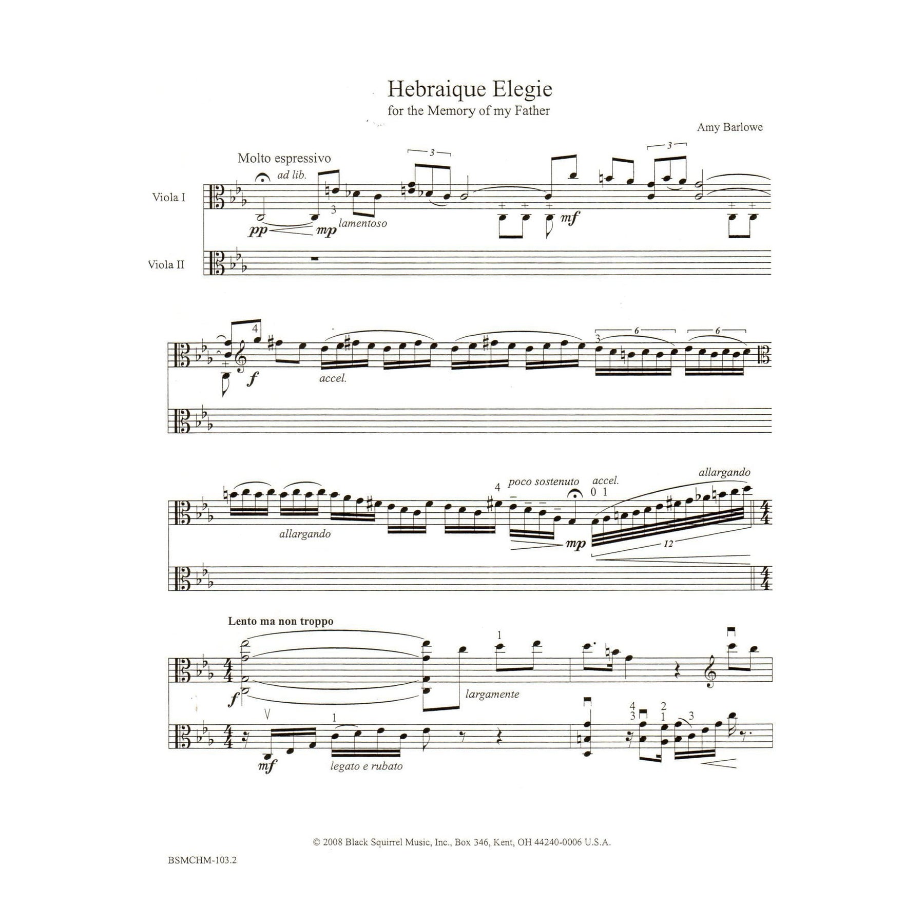 Barlowe, Amy - Hebraique Elegie for Two Violas - Black Squirrel Publication