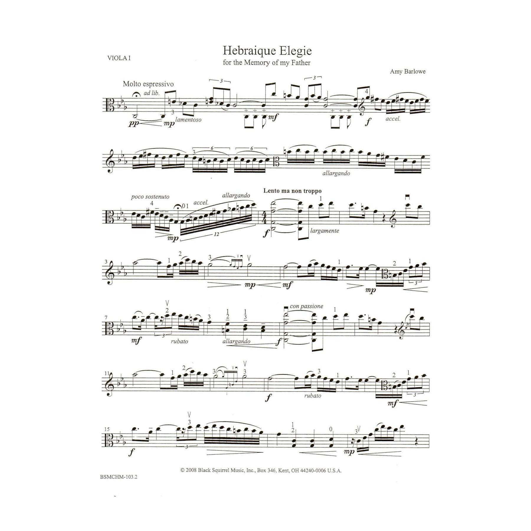Barlowe, Amy - Hebraique Elegie for Two Violas - Black Squirrel Publication