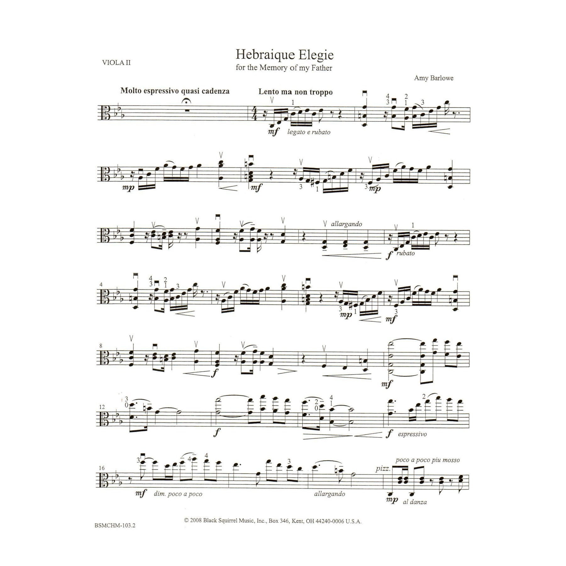 Barlowe, Amy - Hebraique Elegie for Two Violas - Black Squirrel Publication