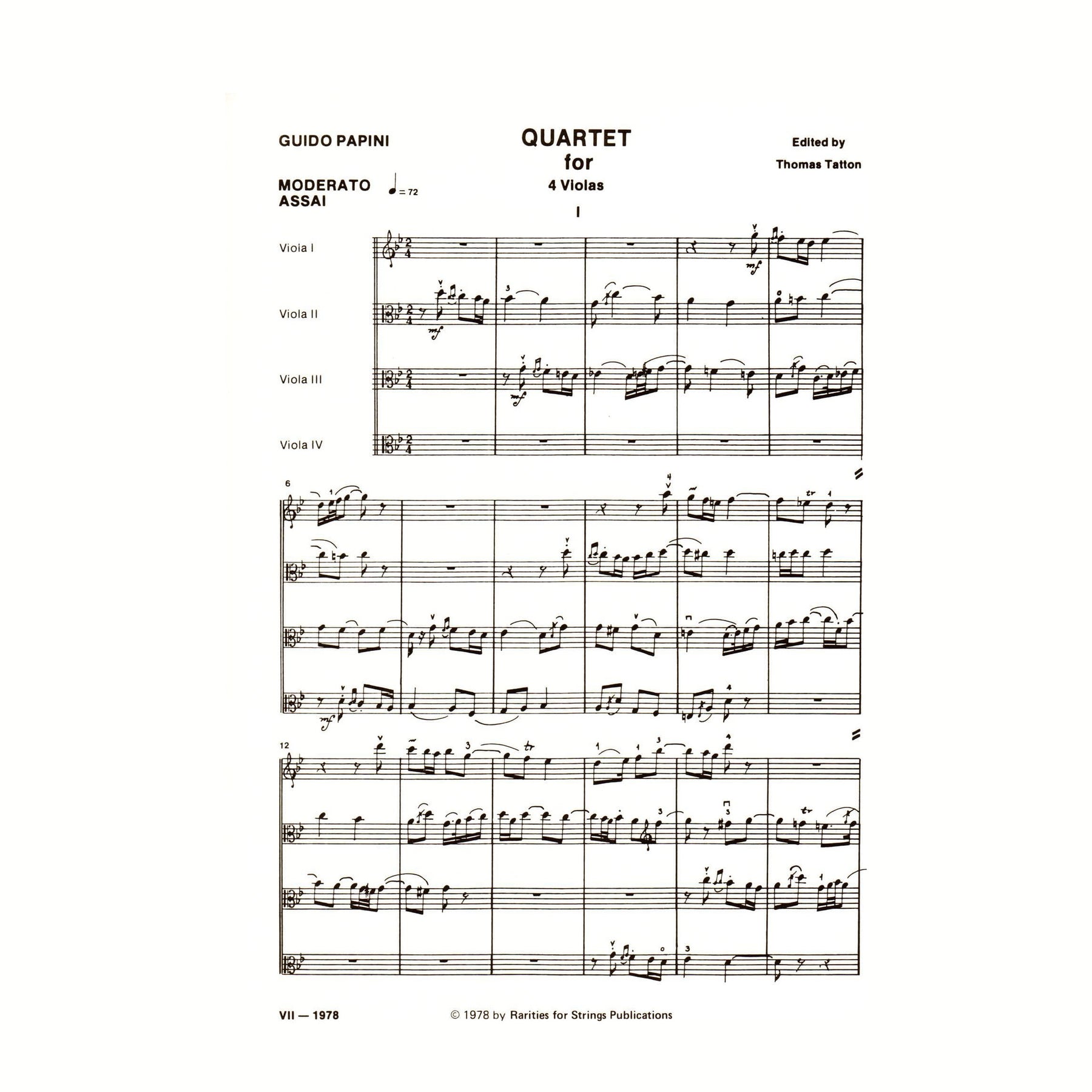 Papini, Guido - Quartet For Four Violas Score and Parts
