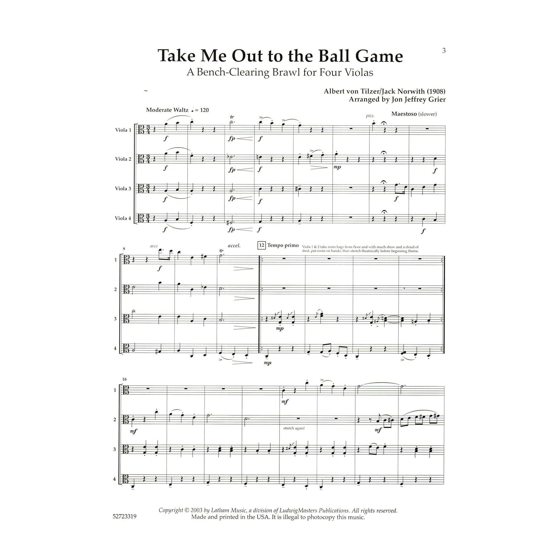 Tilzer/Norwith - Take Me Out to the Ballgame, for 4 Violas Edited by Grier Published by Latham Music