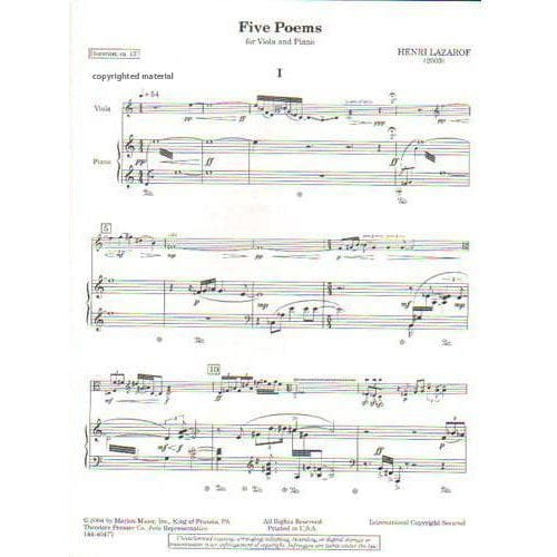 Lazarof, Henri - Five Poems - Viola and Piano - Merion Music, Inc