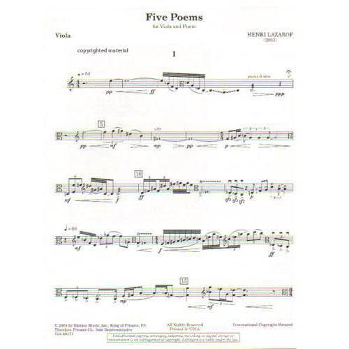 Lazarof, Henri - Five Poems - Viola and Piano - Merion Music, Inc