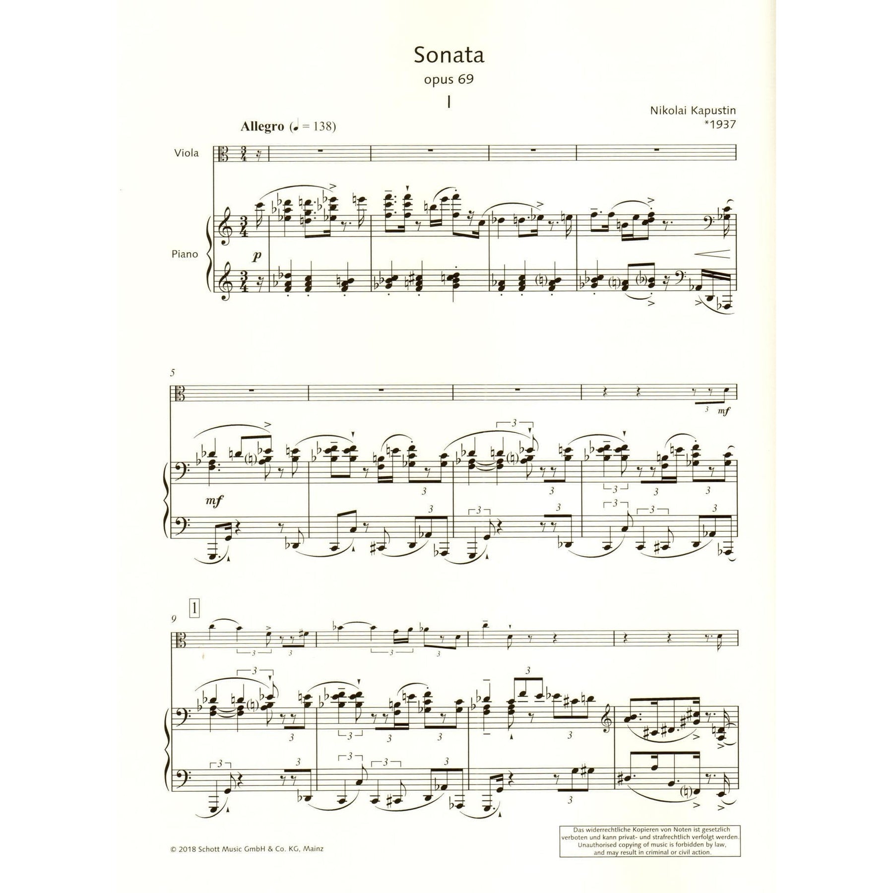 Kapustin, Nikolai - Sonata for Viola and Piano, Opus 69 - Schott
