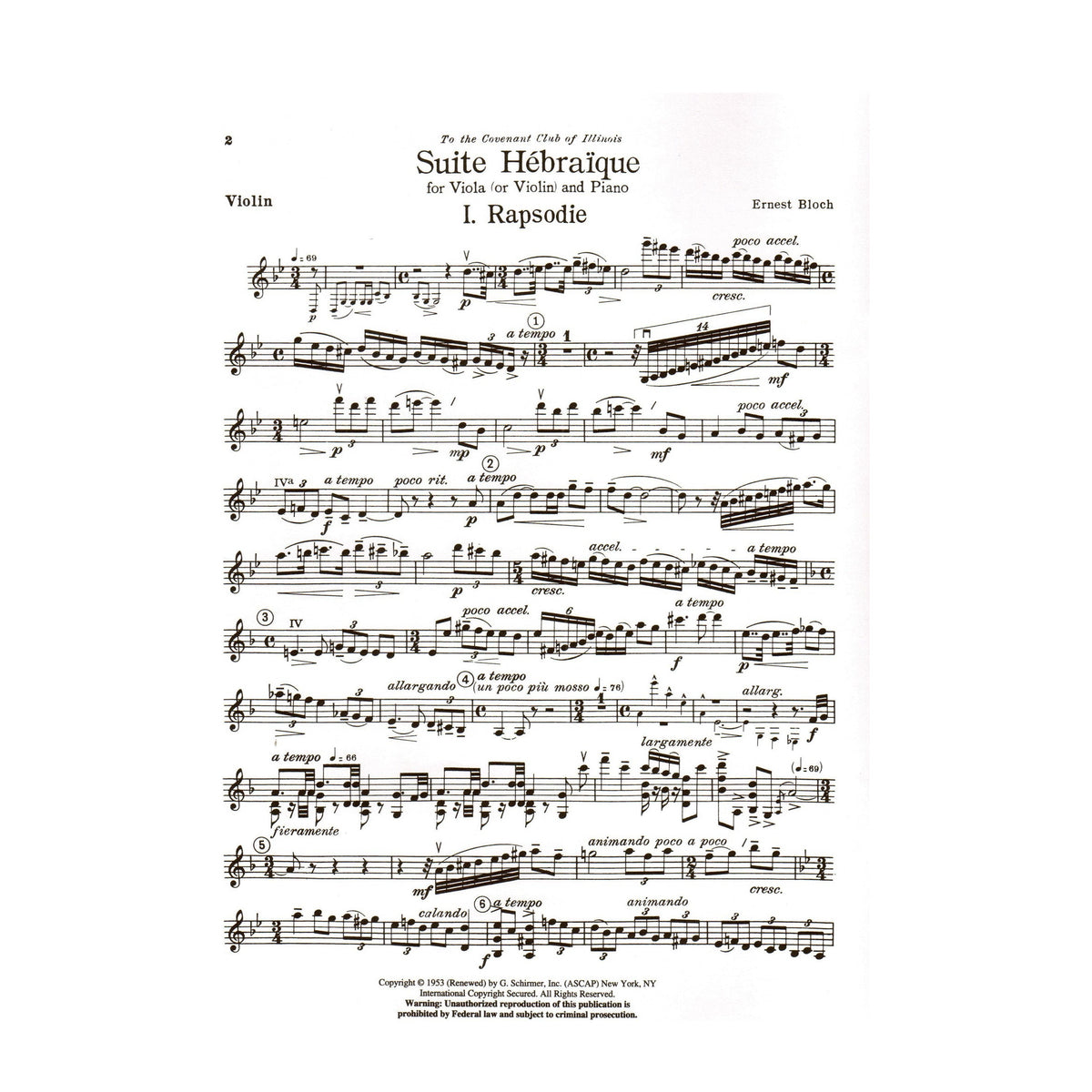 Bloch, Ernest - Suite Hebraique - Viola (or Violin) and Piano - G Schirmer Edition