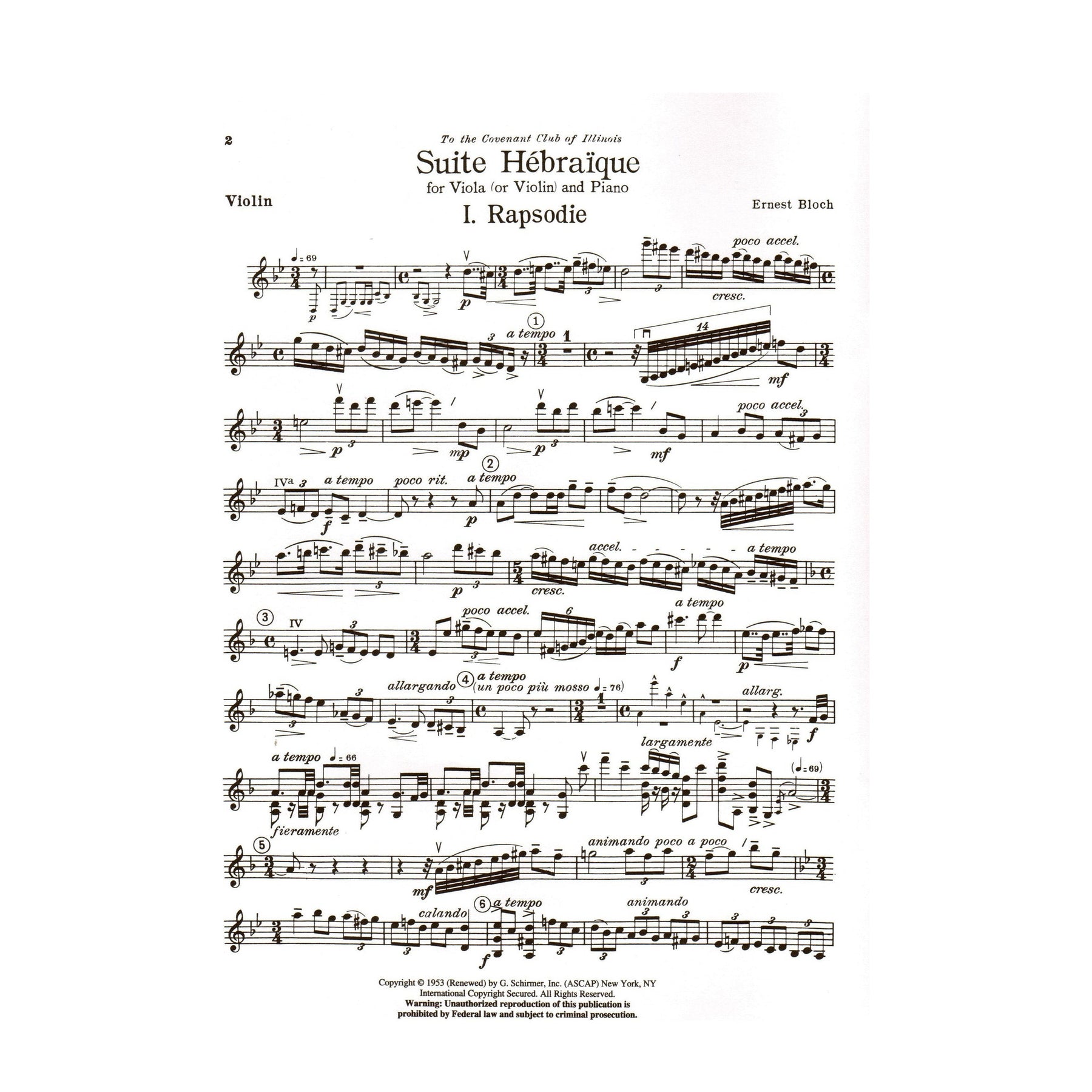 Bloch, Ernest - Suite Hebraique - Viola (or Violin) and Piano - G Schirmer Edition