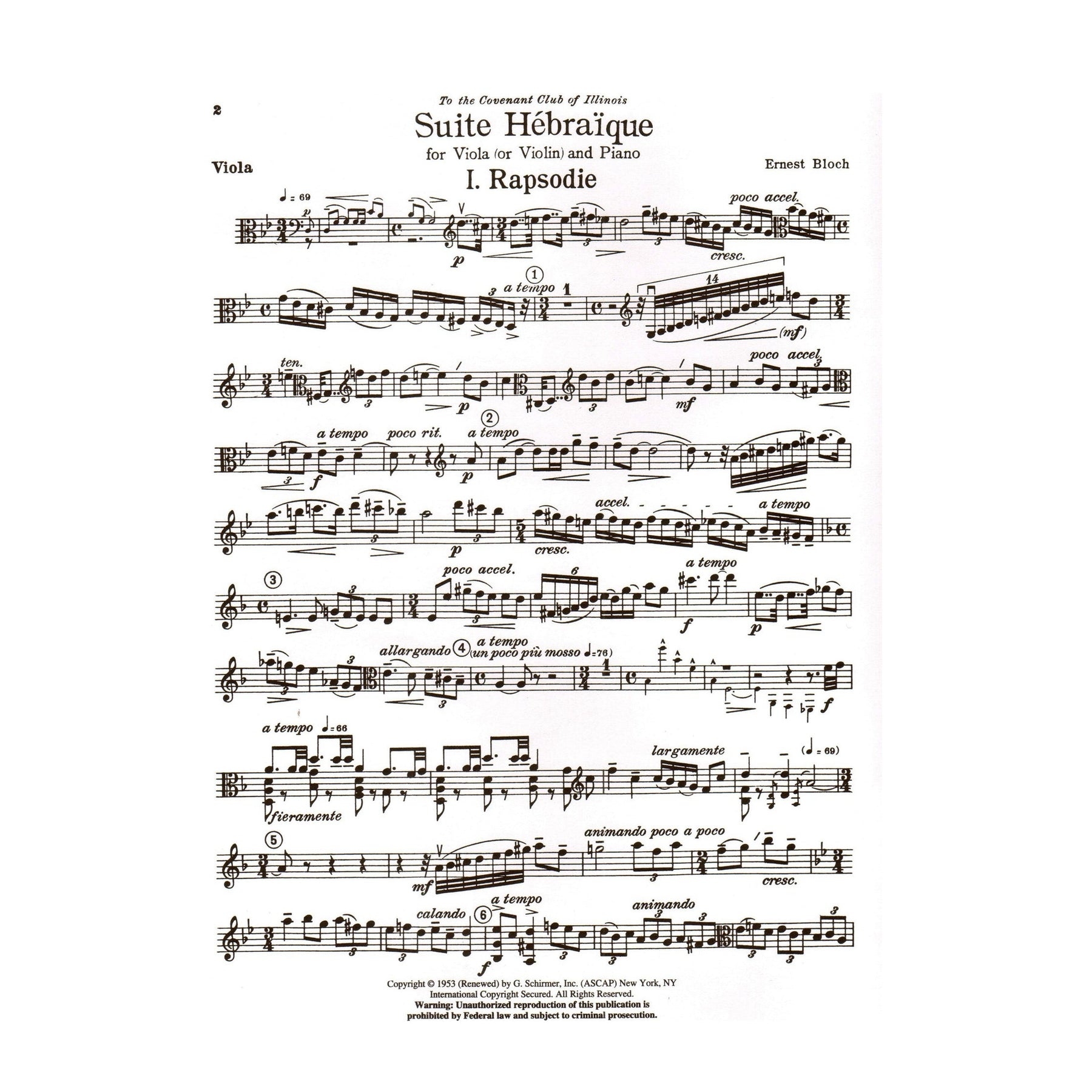Bloch, Ernest - Suite Hebraique - Viola (or Violin) and Piano - G Schirmer Edition
