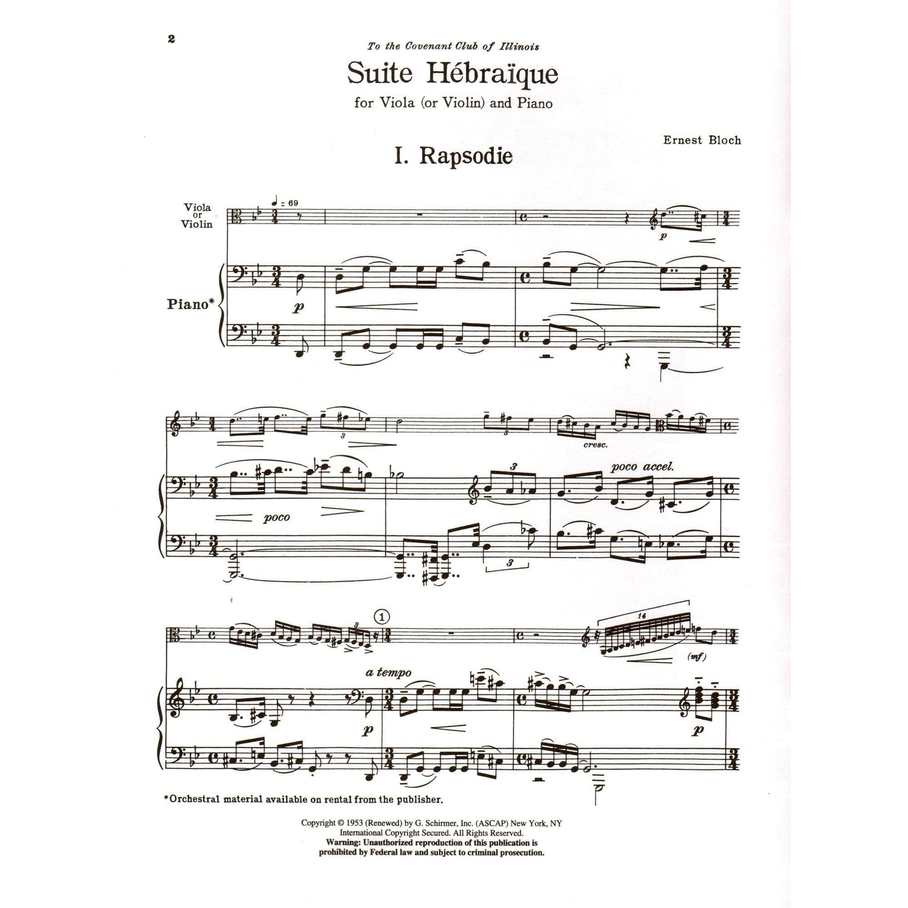 Bloch, Ernest - Suite Hebraique - Viola (or Violin) and Piano - G Schirmer Edition
