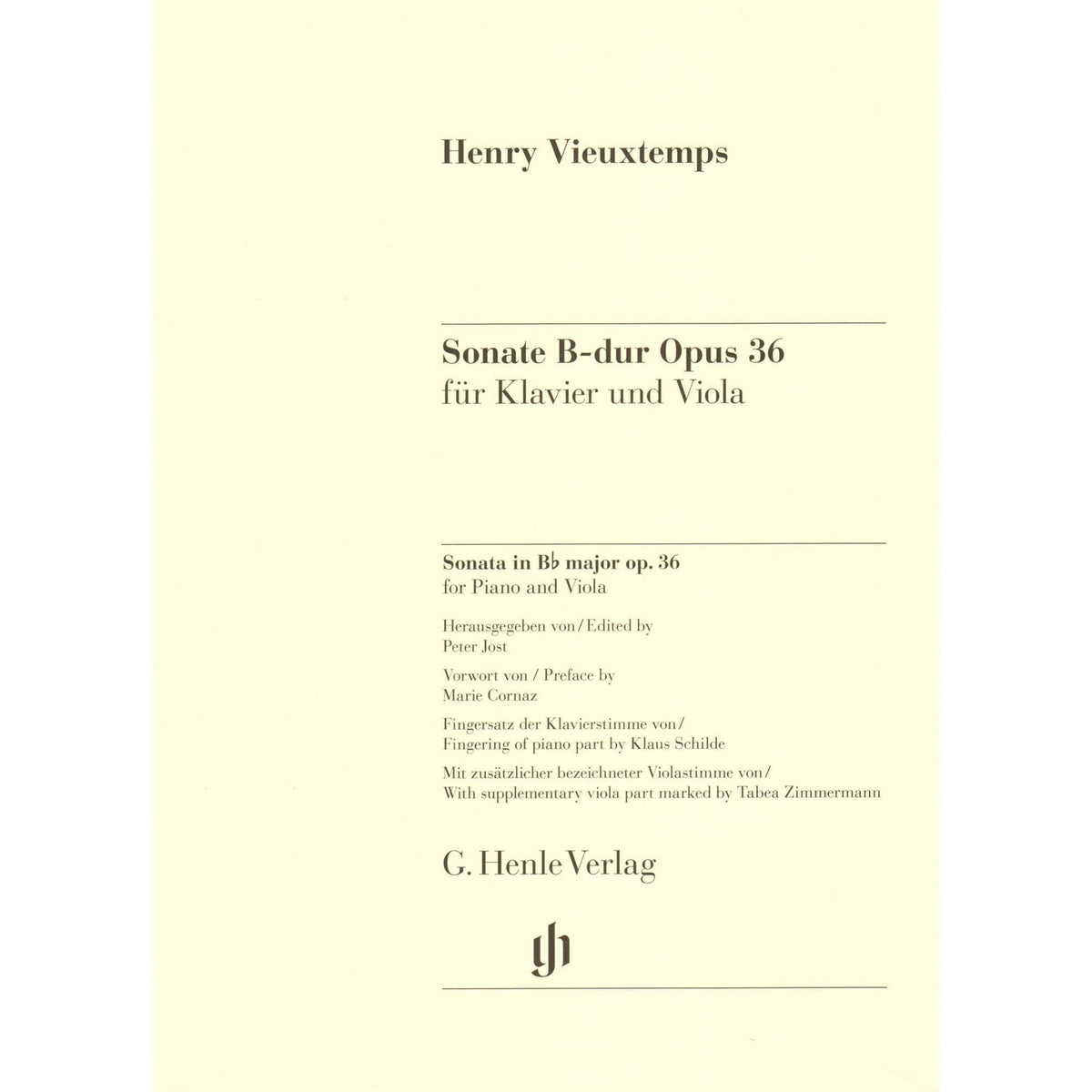 Vieuxtemps, Henri - Sonata in B-flat Major, Opus 36 - for Viola and Piano - edited by Peter Jost - G Henle Verlag URTEXT