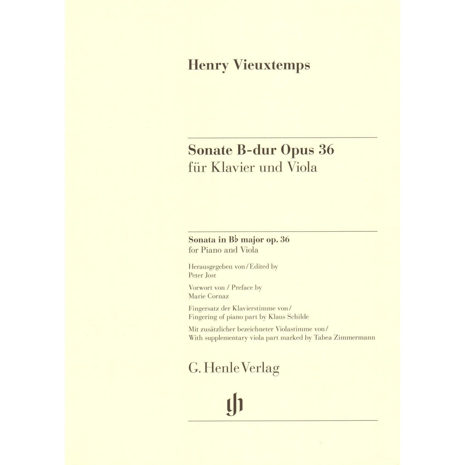 Vieuxtemps, Henri - Sonata in B-flat Major, Opus 36 - for Viola and Piano - edited by Peter Jost - G Henle Verlag URTEXT