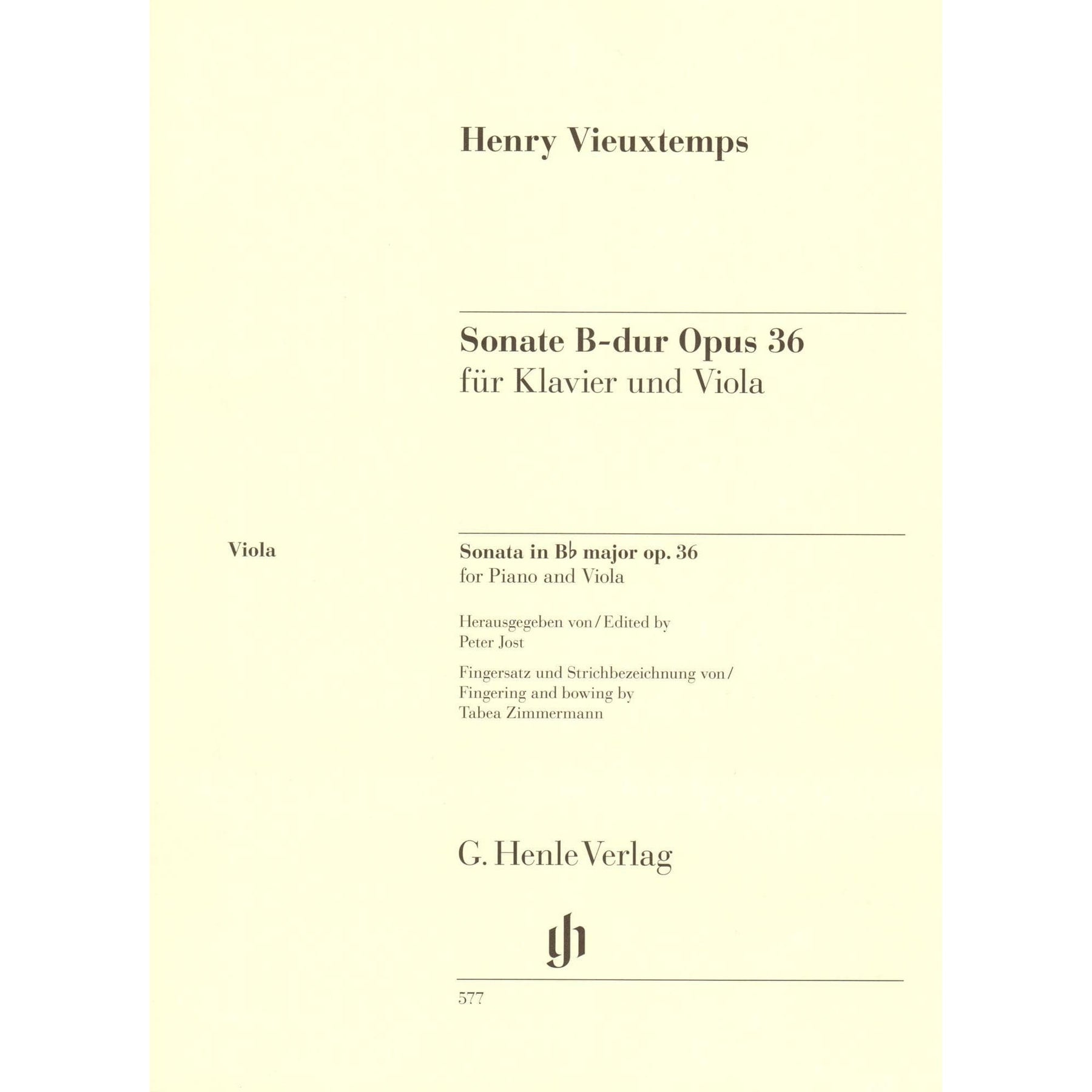 Vieuxtemps, Henri - Sonata in B-flat Major, Opus 36 - for Viola and Piano - edited by Peter Jost - G Henle Verlag URTEXT