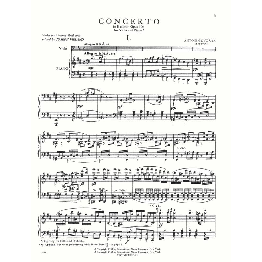 Dvorák, Antonín - Cello Concerto in b minor, Op 104 - transcribed for Viola and Piano - edited by Joseph Vieland - International Edition