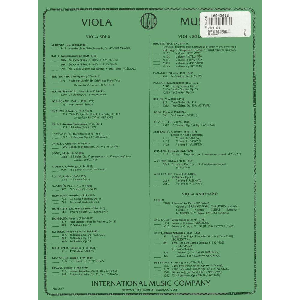 Dvorák, Antonín - Cello Concerto in b minor, Op 104 - transcribed for Viola and Piano - edited by Joseph Vieland - International Edition