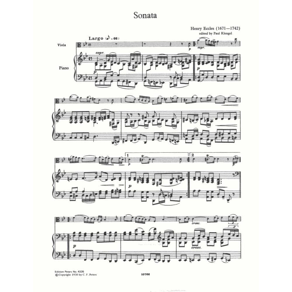 Eccles, Henry - Sonata in g minor - Viola and Piano - edited by Paul Klengel - CF Peters Edition