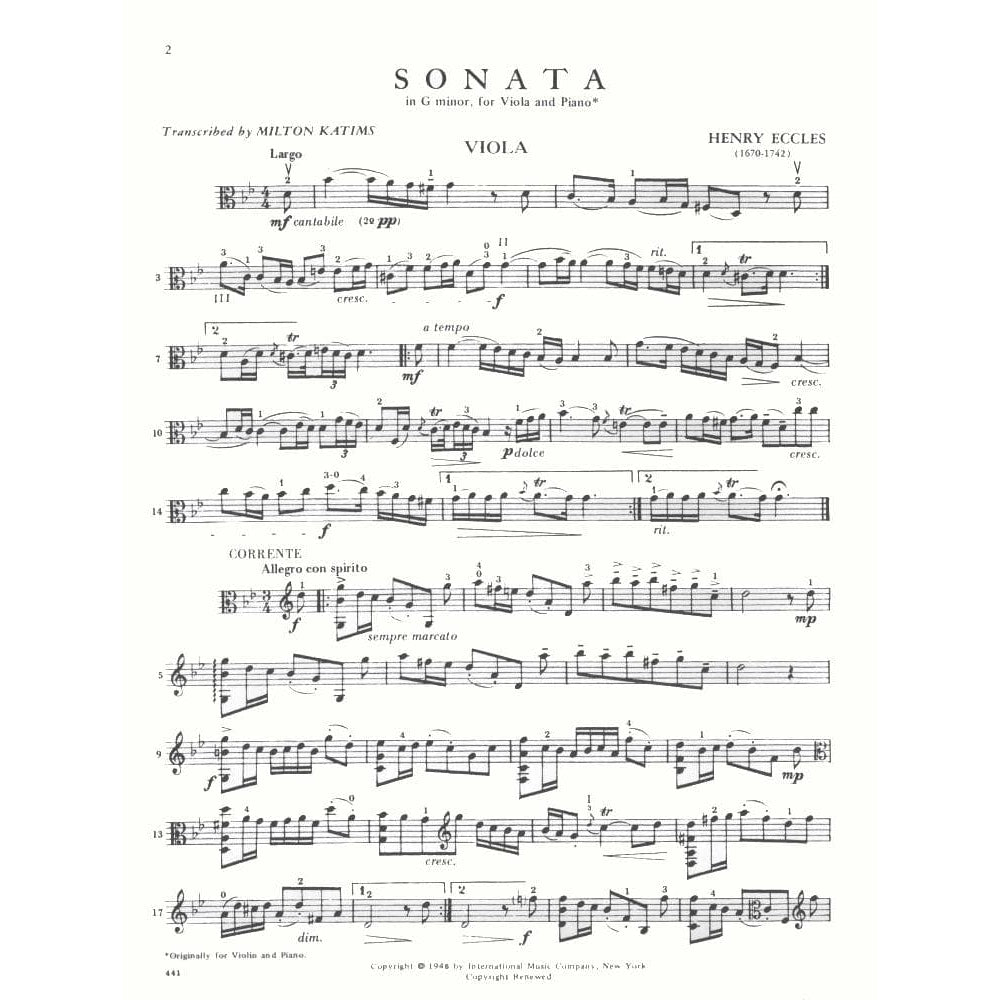 Eccles, Henry - Sonata in g minor - Viola and Piano - edited by Milton Katims - International Edition