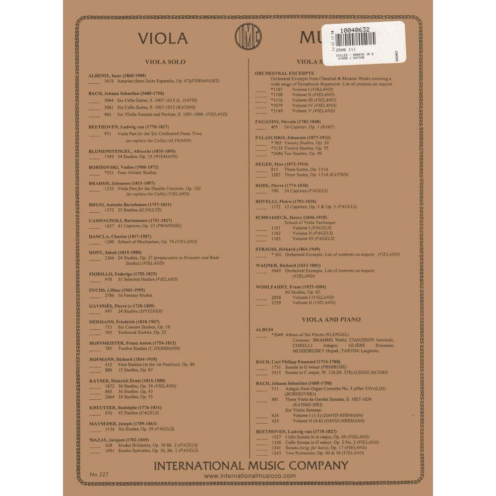 Eccles, Henry - Sonata in g minor - Viola and Piano - edited by Milton Katims - International Edition