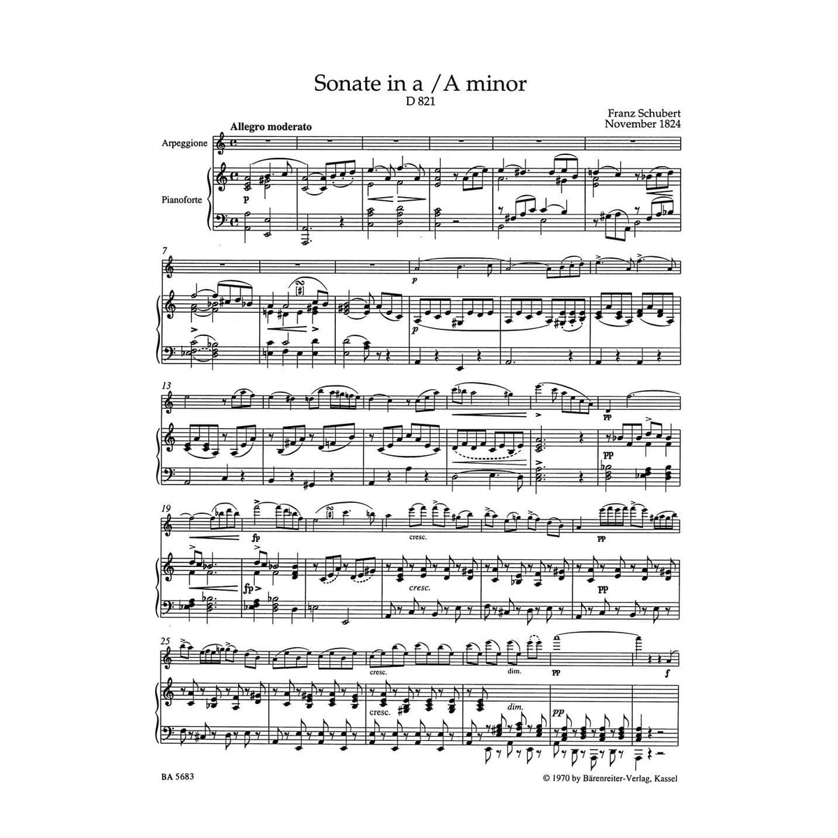 Schubert, Franz - Sonata in a minor (Arpeggione), D 821 For Viola and Piano URTEXT Published by Barenretier