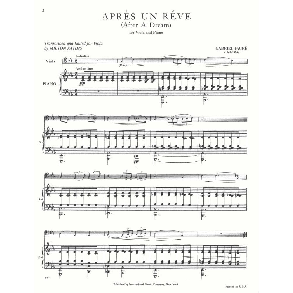 Faure Gabriel - Apres Un Reve ( After a Dream ), Op 7, No 1 - Viola and Piano - edited by Milton Katims - International Edition
