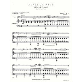 Faure Gabriel - Apres Un Reve ( After a Dream ), Op 7, No 1 - Viola and Piano - edited by Milton Katims - International Edition
