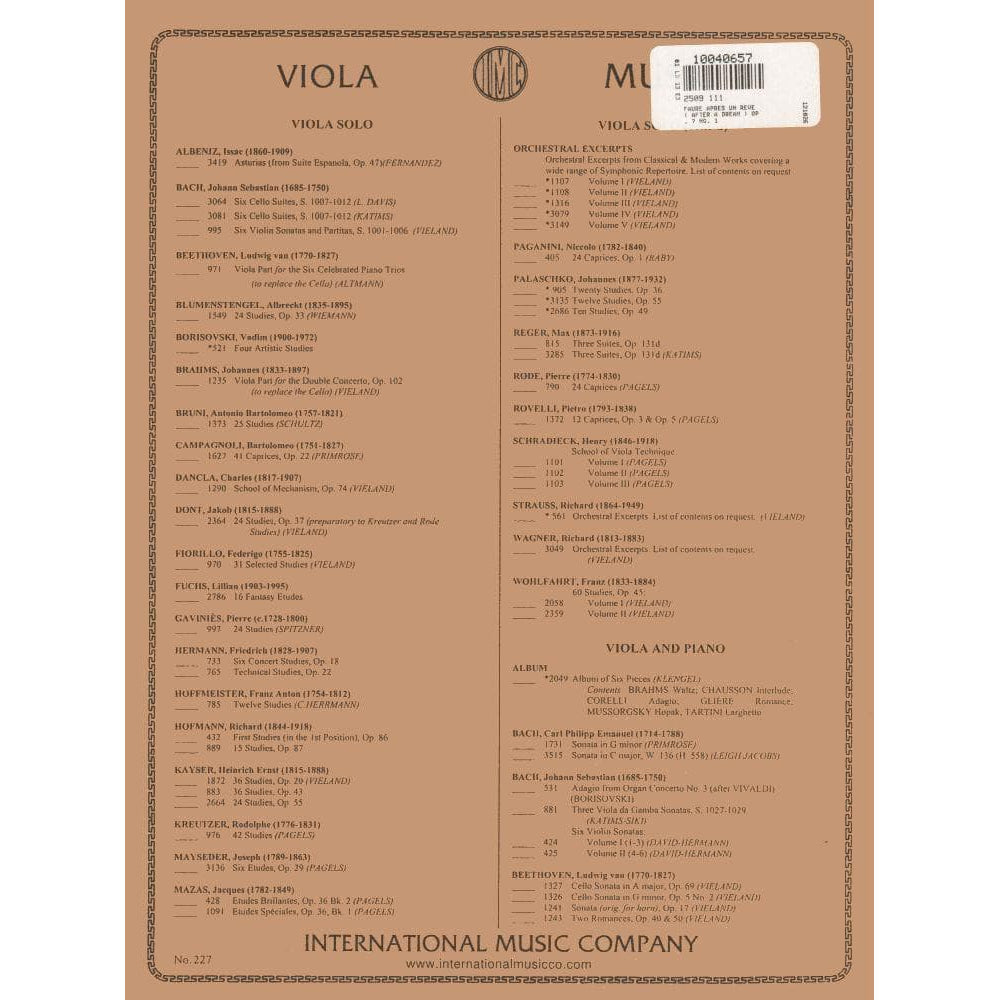 Faure Gabriel - Apres Un Reve ( After a Dream ), Op 7, No 1 - Viola and Piano - edited by Milton Katims - International Edition