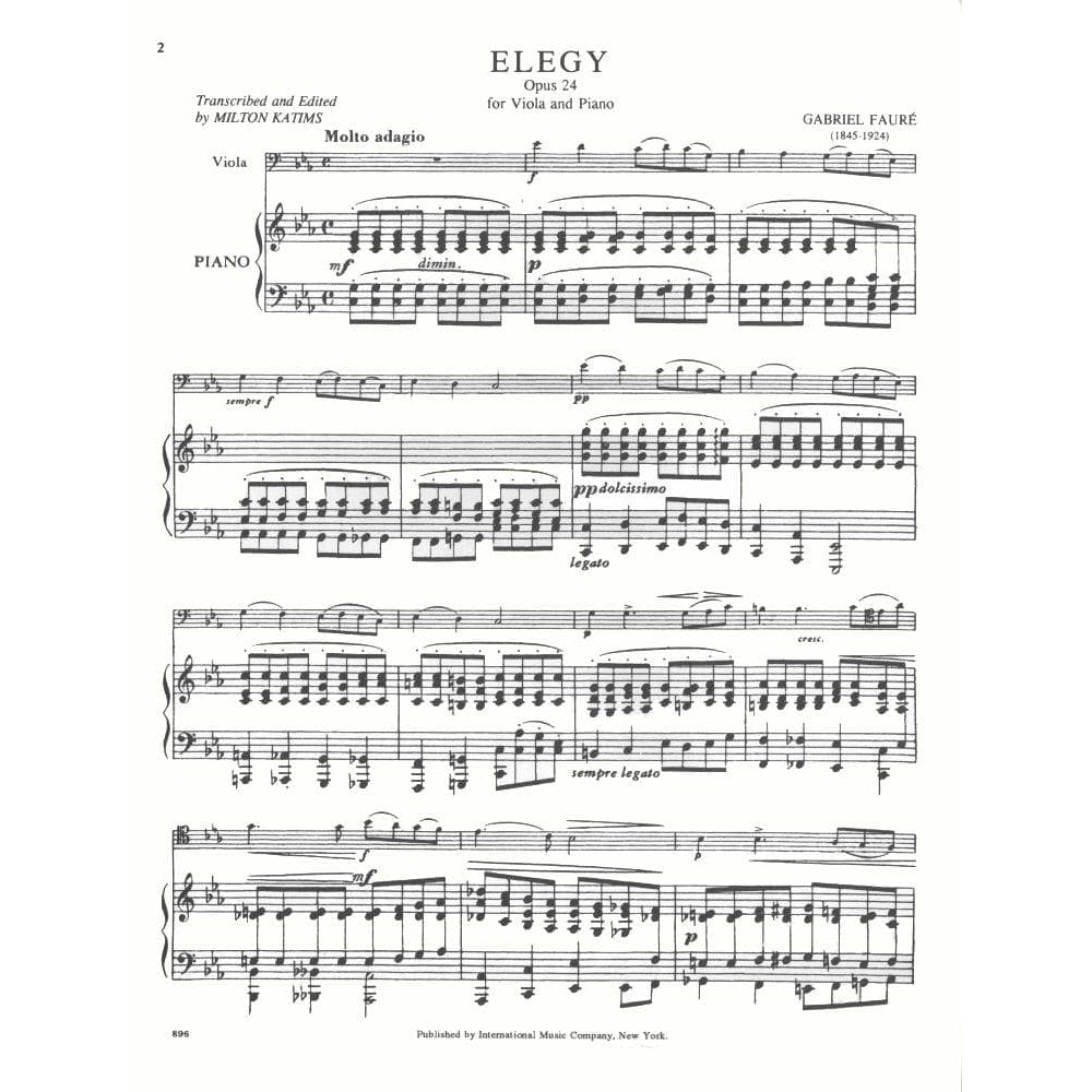 Fauré, Gabriel - Elegy, Op 24 - Viola and Piano - edited by Milton Katims - International Edition
