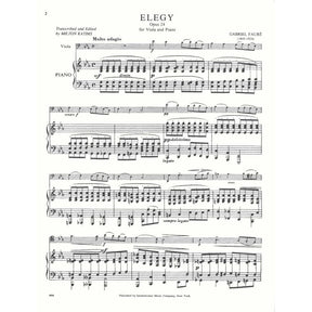 Fauré, Gabriel - Elegy, Op 24 - Viola and Piano - edited by Milton Katims - International Edition