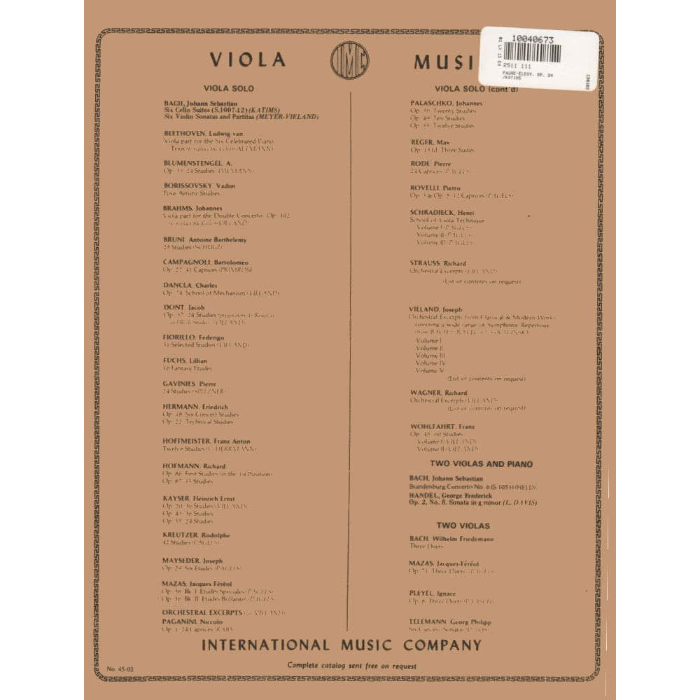 Fauré, Gabriel - Elegy, Op 24 - Viola and Piano - edited by Milton Katims - International Edition