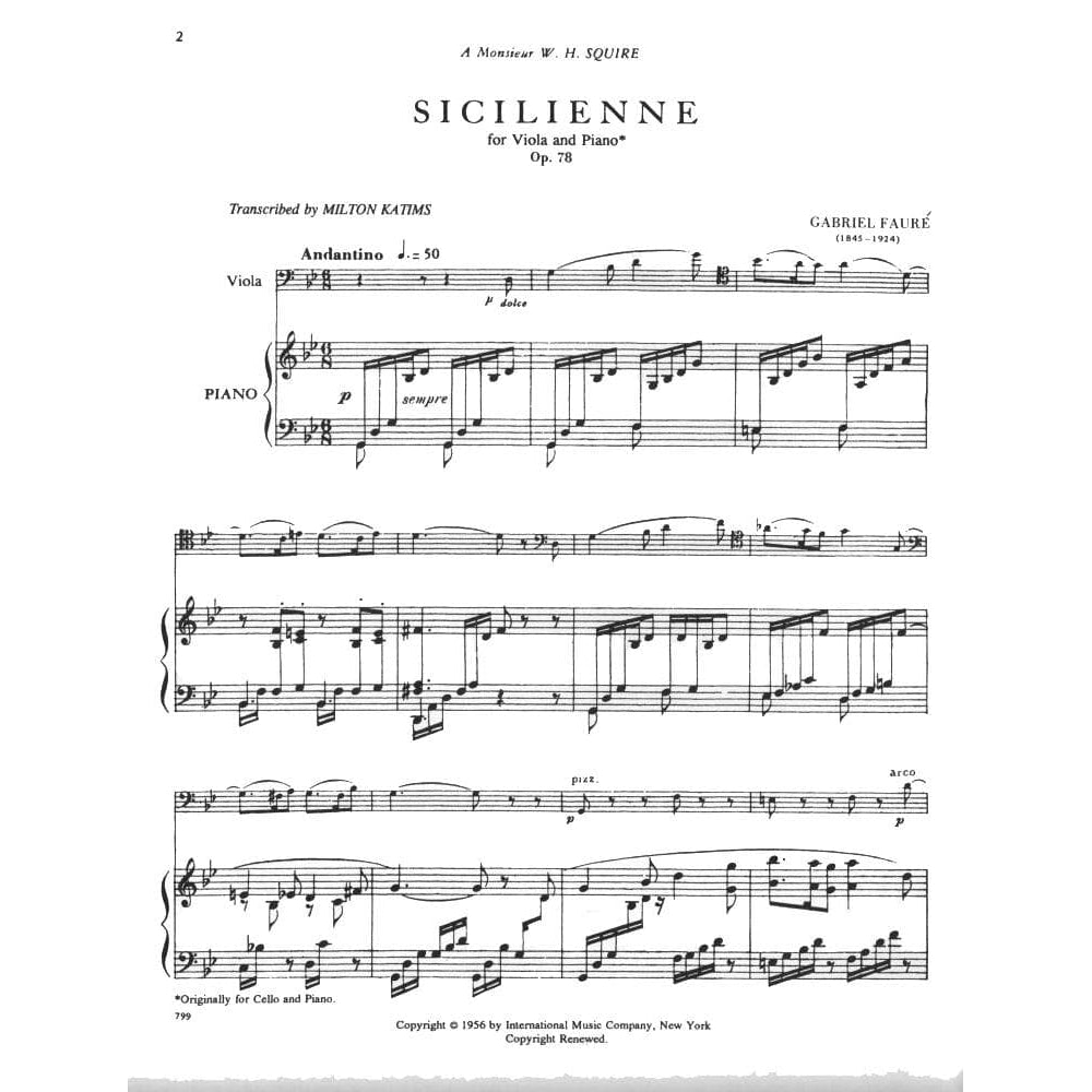 Fauré, Gabriel - Siciliene, Op 78 - Viola and Piano - edited by Milton Katims - International Edition