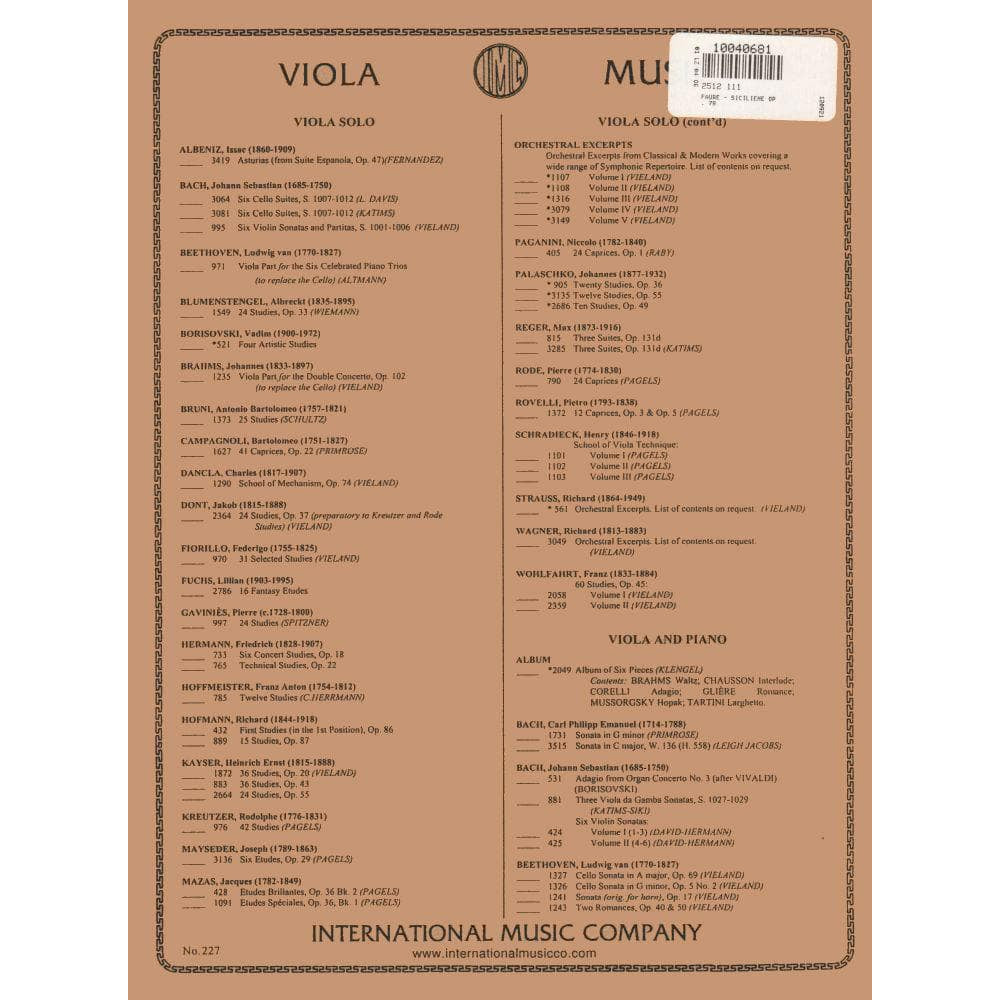 Fauré, Gabriel - Siciliene, Op 78 - Viola and Piano - edited by Milton Katims - International Edition