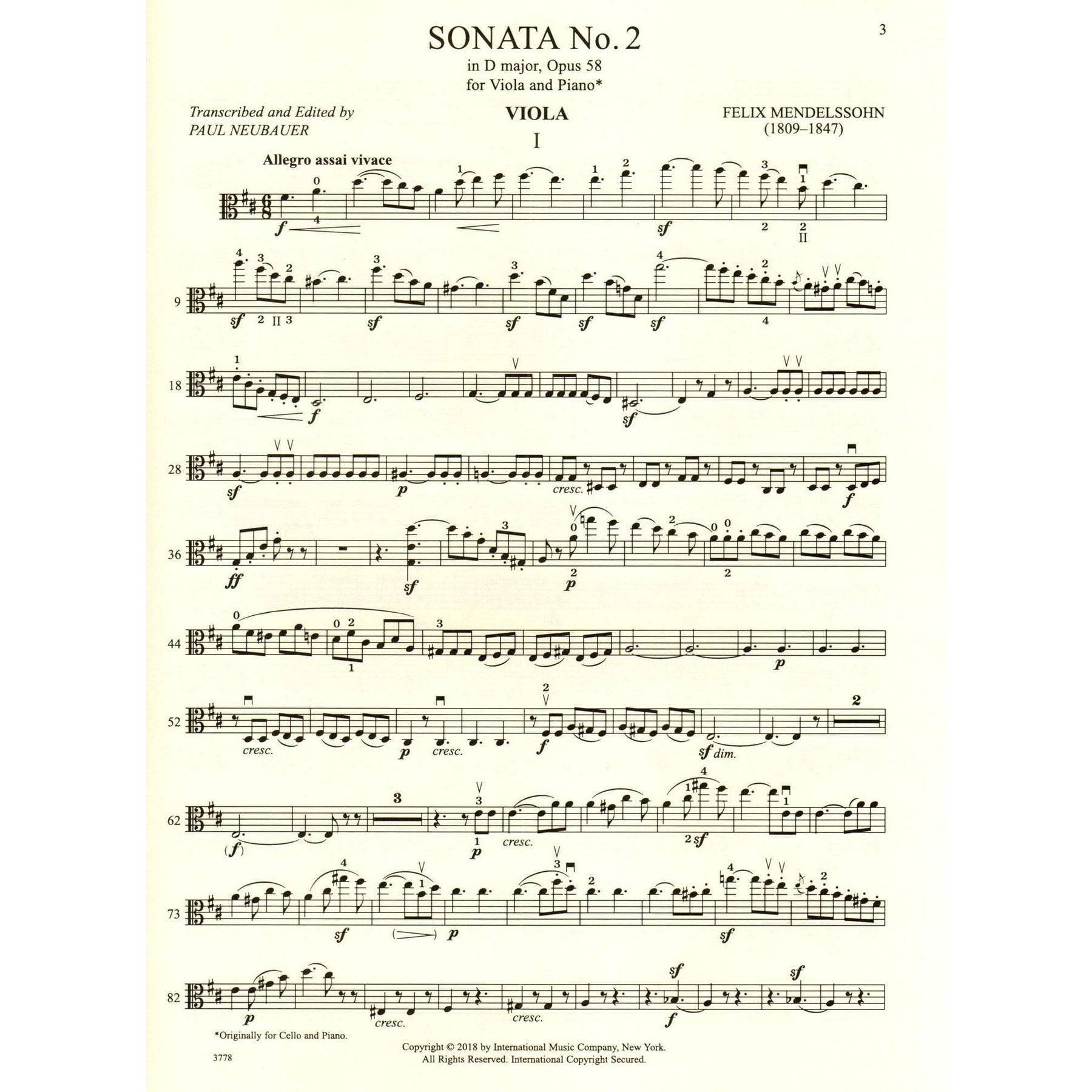Mendelssohn, Felix - Sonata No. 2 in D major, Op 58 - Viola and Piano - edited by Paul Neubauer - International