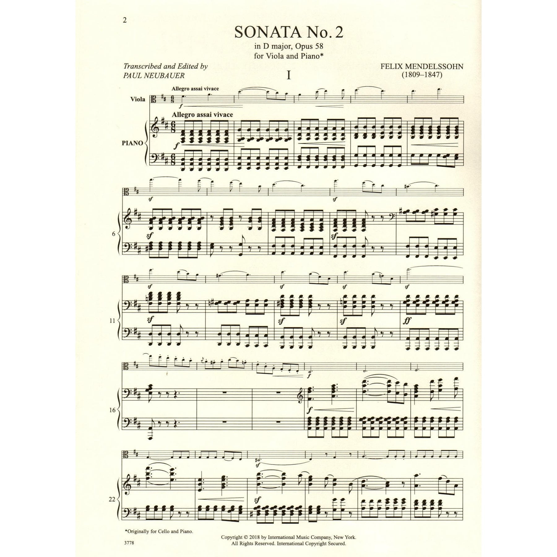 Mendelssohn, Felix - Sonata No. 2 in D major, Op 58 - Viola and Piano - edited by Paul Neubauer - International