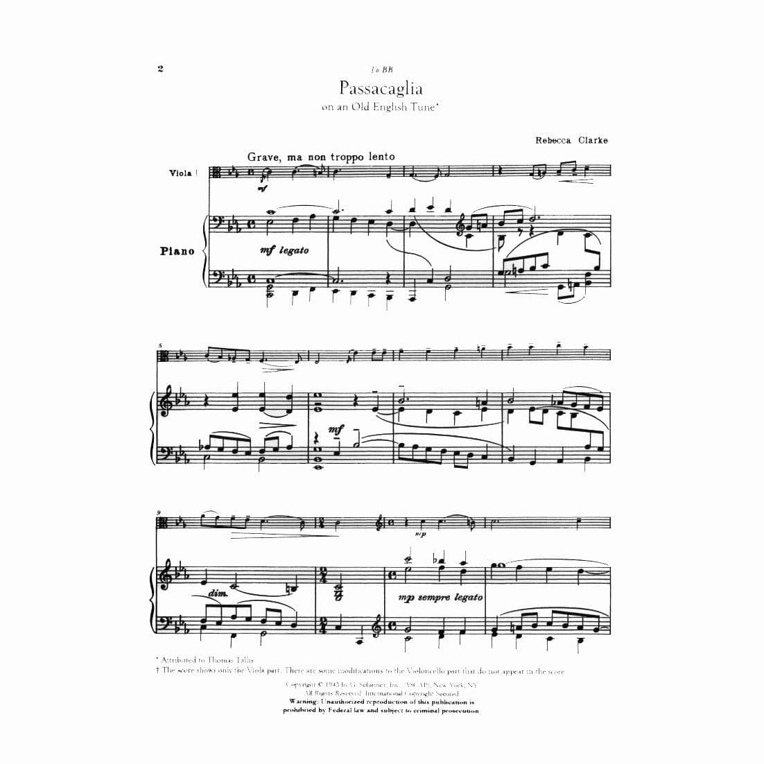 Clarke, Rebecca - Passacaglia for Viola and Piano - Schirmer Edition