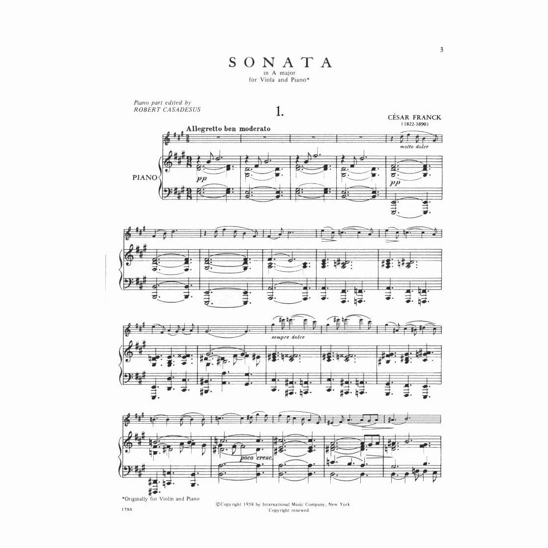 Franck, César - Sonata In A Major - Viola and Piano - edited by Robert Casadesus and Joseph Vieland - International Edition