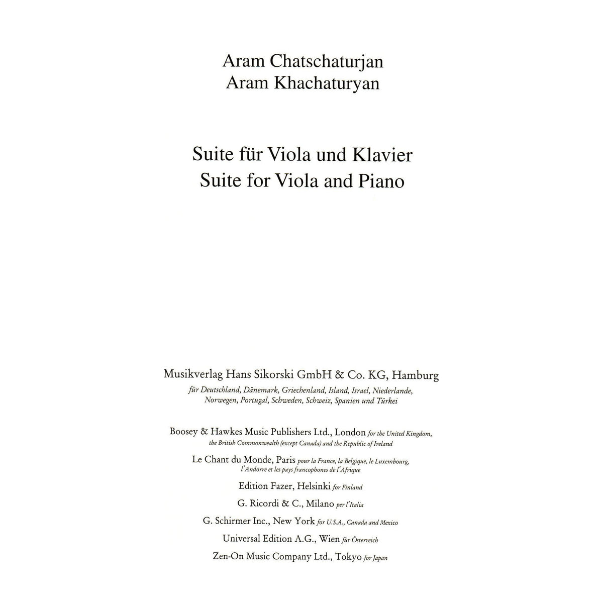 Aram Khachaturyan - Suite for Viola and Piano (1929) - Edition Sikorski