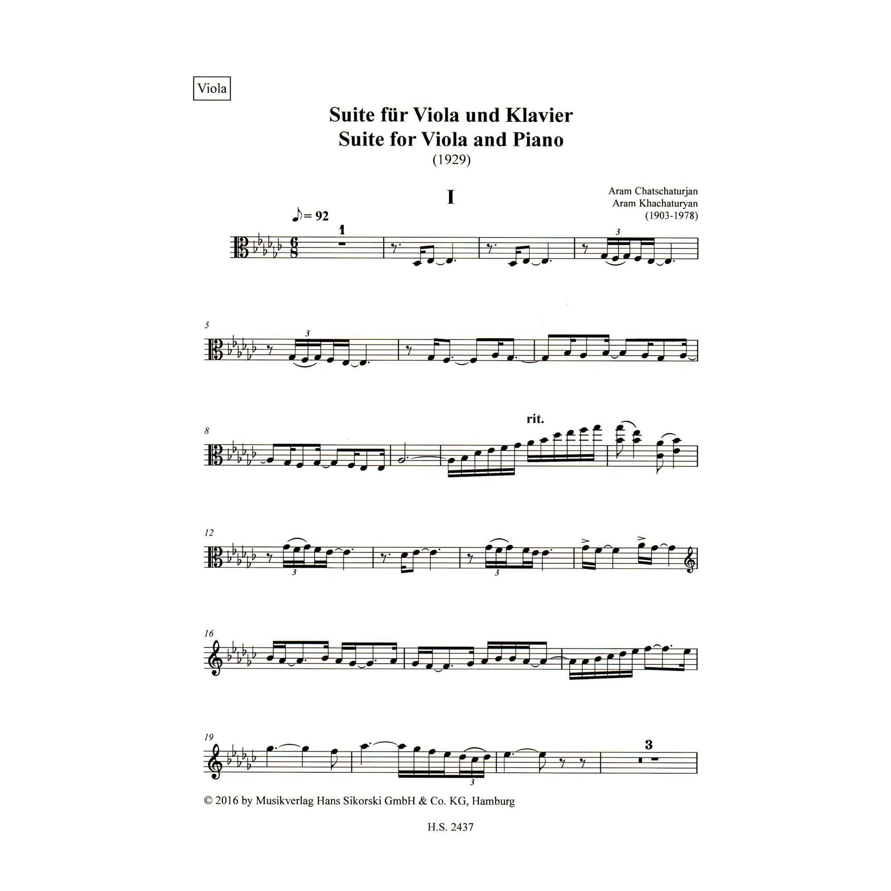 Aram Khachaturyan - Suite for Viola and Piano (1929) - Edition Sikorski