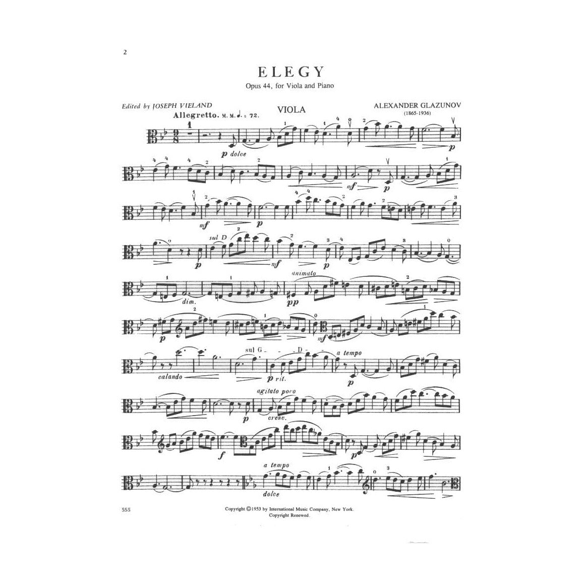 Glazunov, Alexander - Elegy, Op 44 - Viola and Piano - edited by Joseph Vieland - International Edition