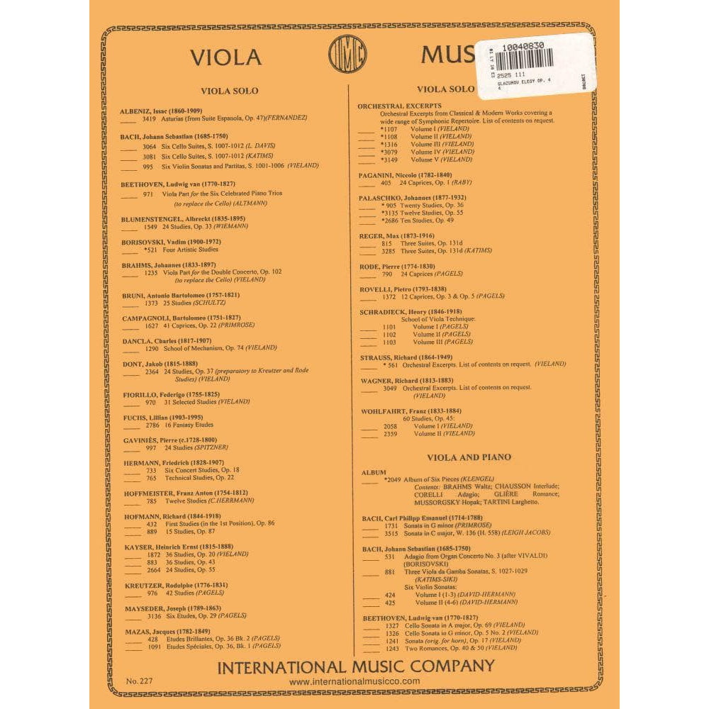 Glazunov, Alexander - Elegy, Op 44 - Viola and Piano - edited by Joseph Vieland - International Edition