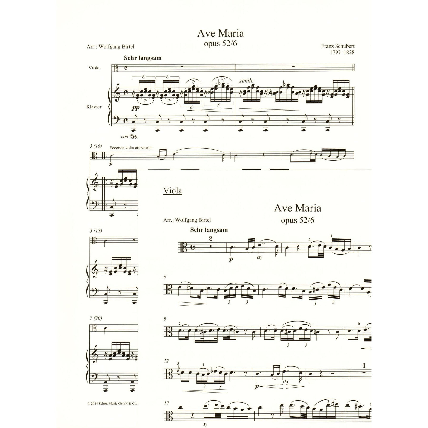 Schubert, Franz Peter - Ave Maria, Opus 52/6 - arranged by Wolfgang Birtel - for Viola and Piano - Schott