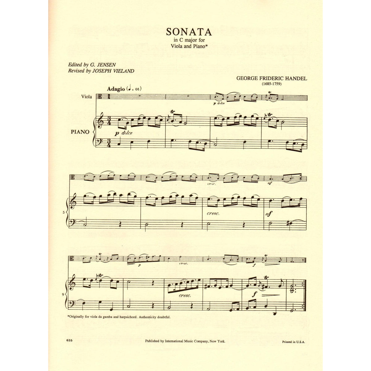 Handel, George Frideric - Sonata In C Major - Viola and Piano - edited by Joseph Vieland and G Jensen - International Edition