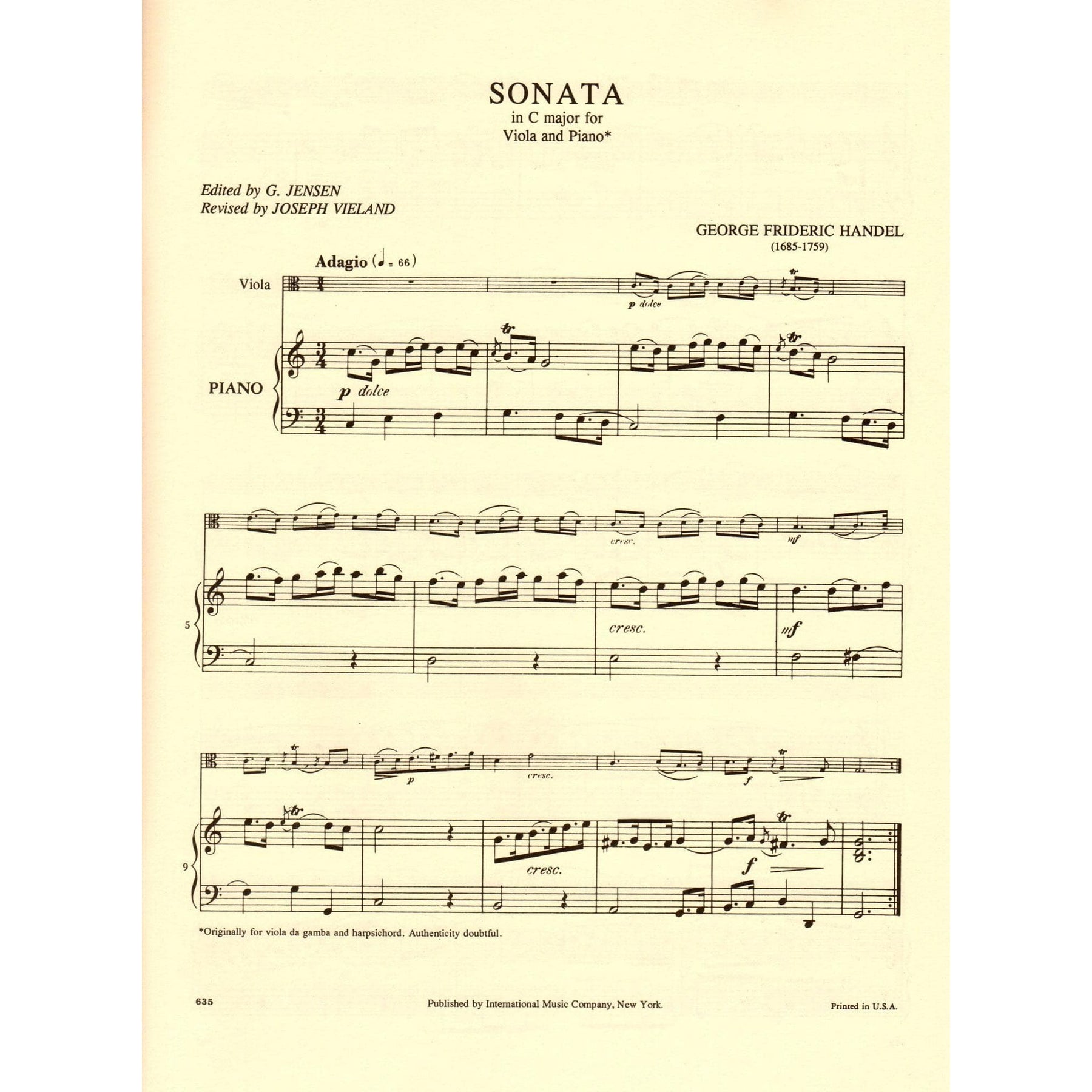 Handel, George Frideric - Sonata In C Major - Viola and Piano - edited by Joseph Vieland and G Jensen - International Edition