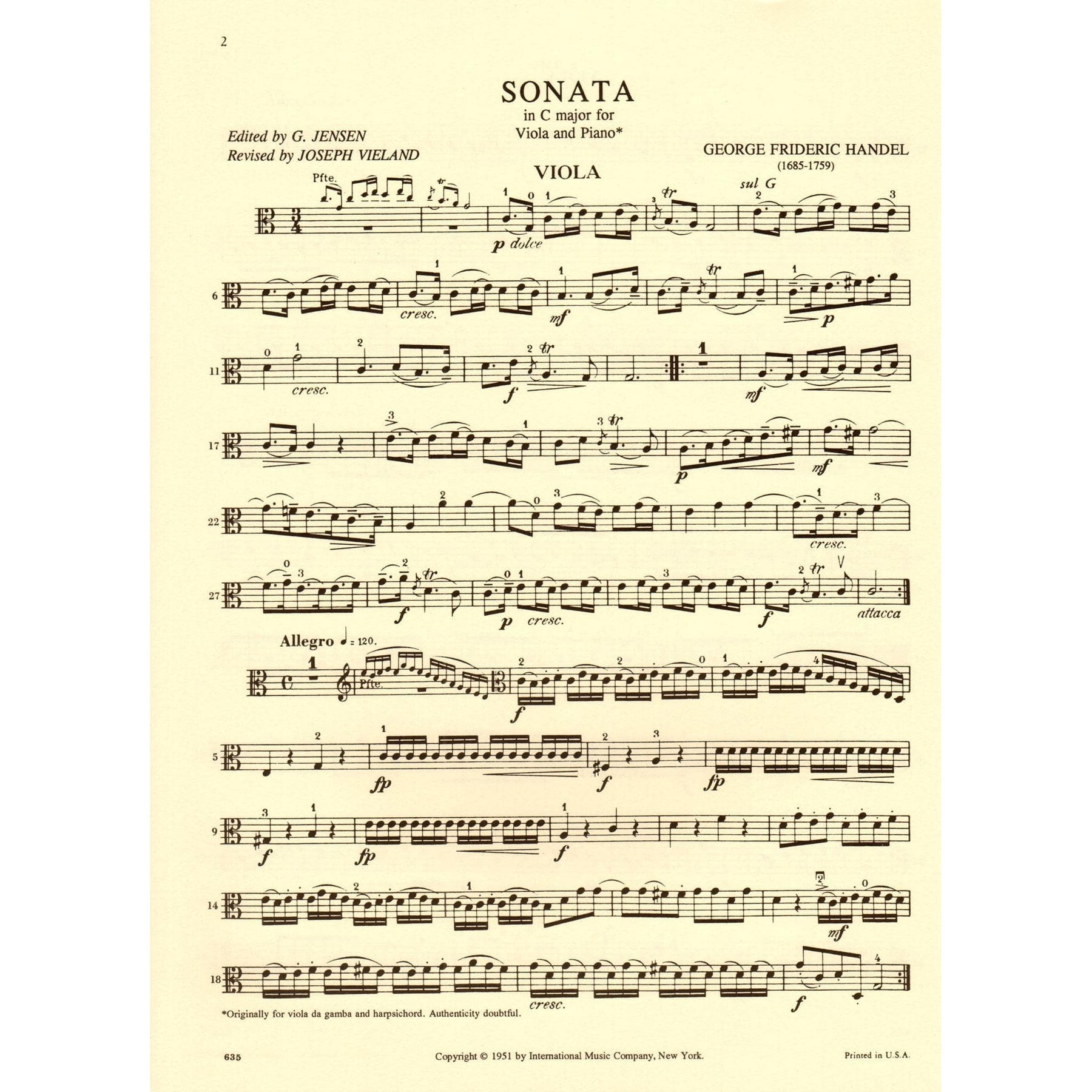 Handel, George Frideric - Sonata In C Major - Viola and Piano - edited by Joseph Vieland and G Jensen - International Edition