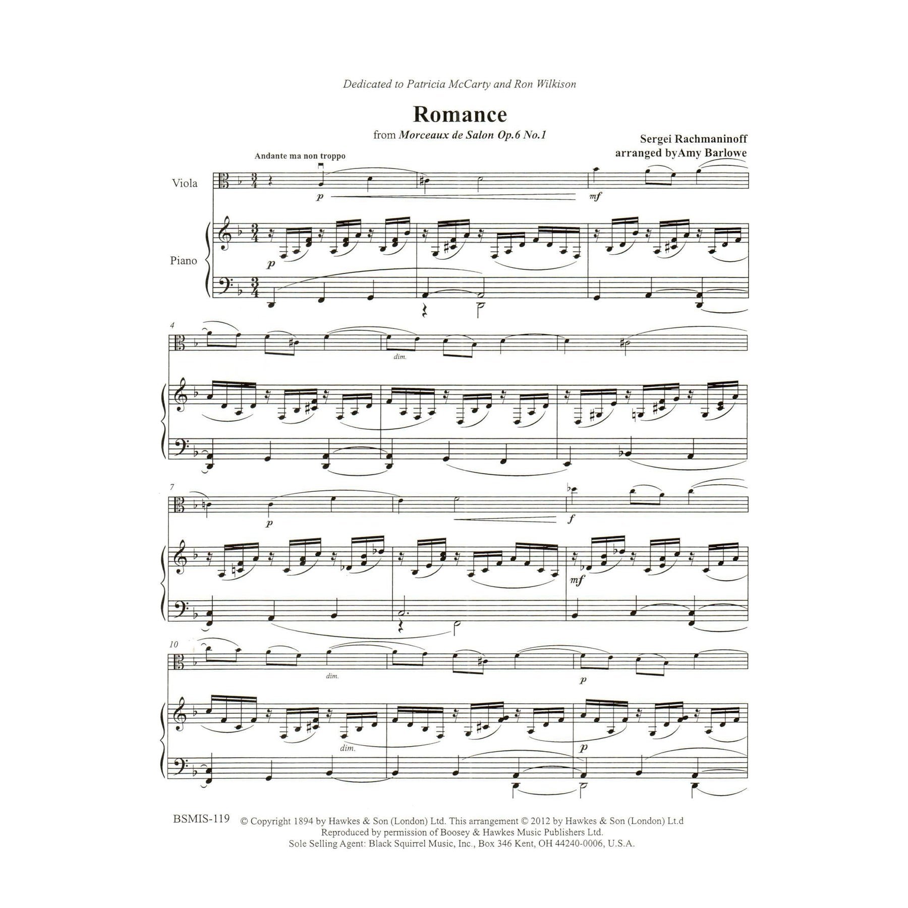 Rachmaninoff, Sergey - Romance from Morceaux de Salon, Op. 6, No. 1 - for Viola and Piano - Black Squirrel Publications