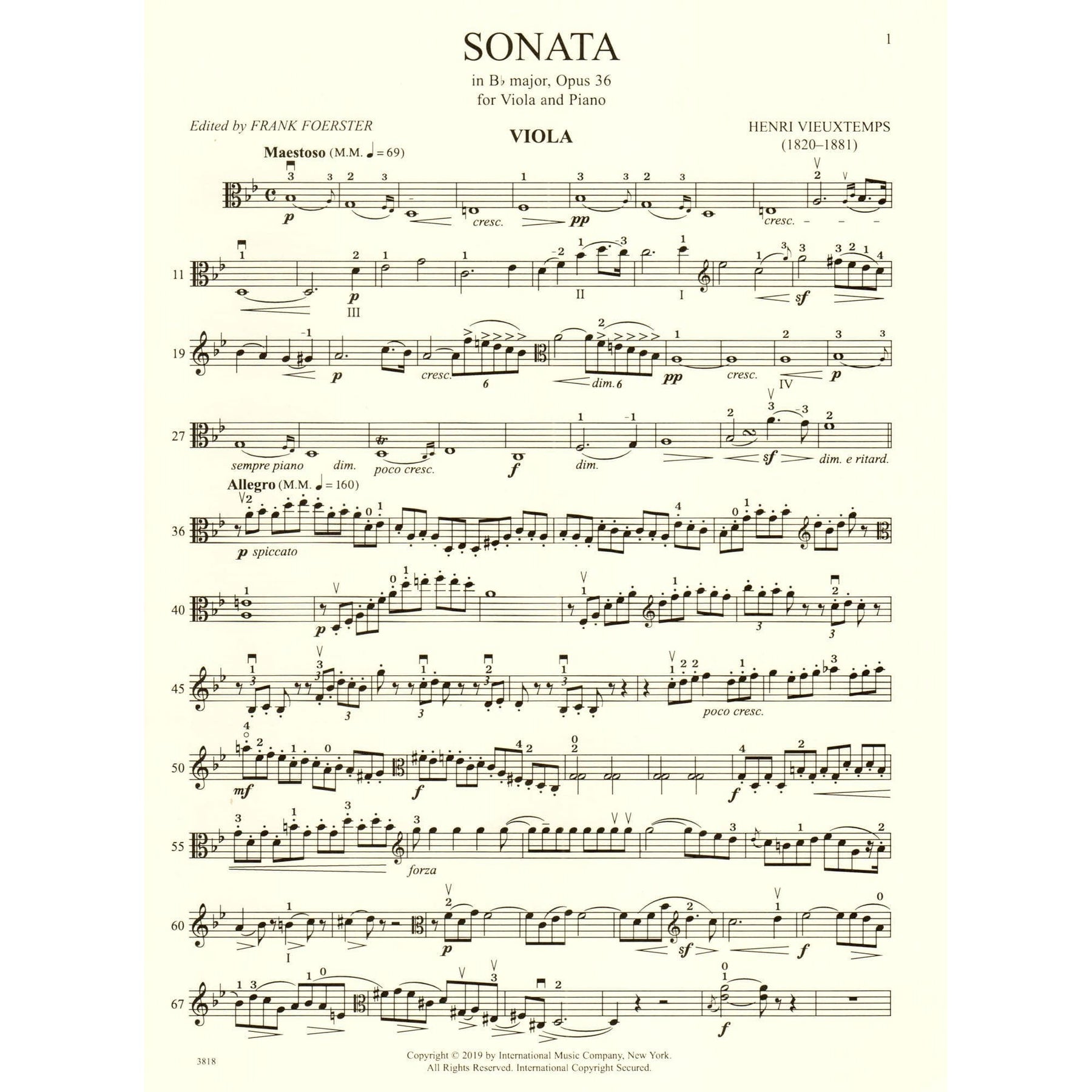 Vieuxtemps, Henri - Sonata in B-flat major, Op. 36 - for Viola and Piano - edited by Frank Foerster - International