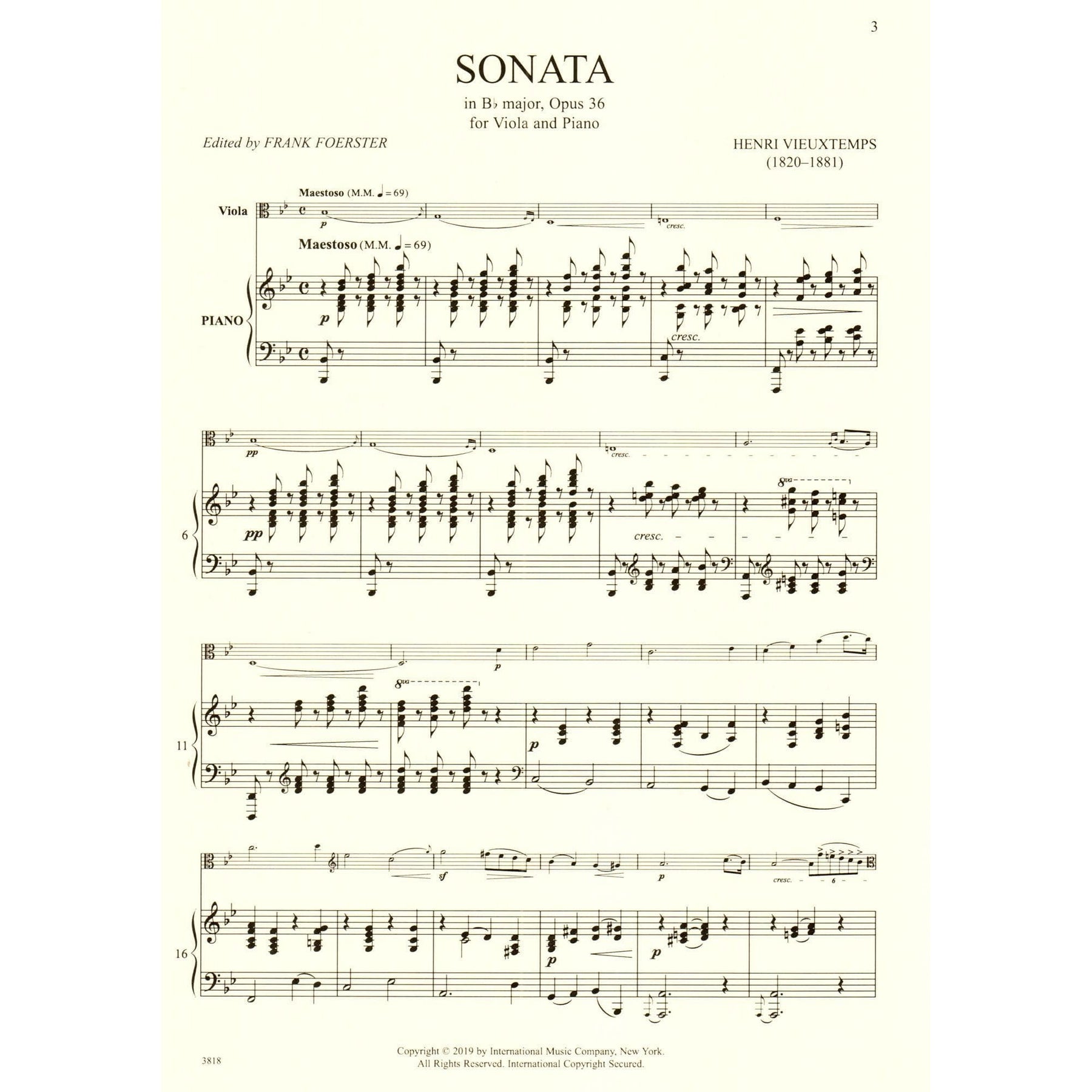 Vieuxtemps, Henri - Sonata in B-flat major, Op. 36 - for Viola and Piano - edited by Frank Foerster - International