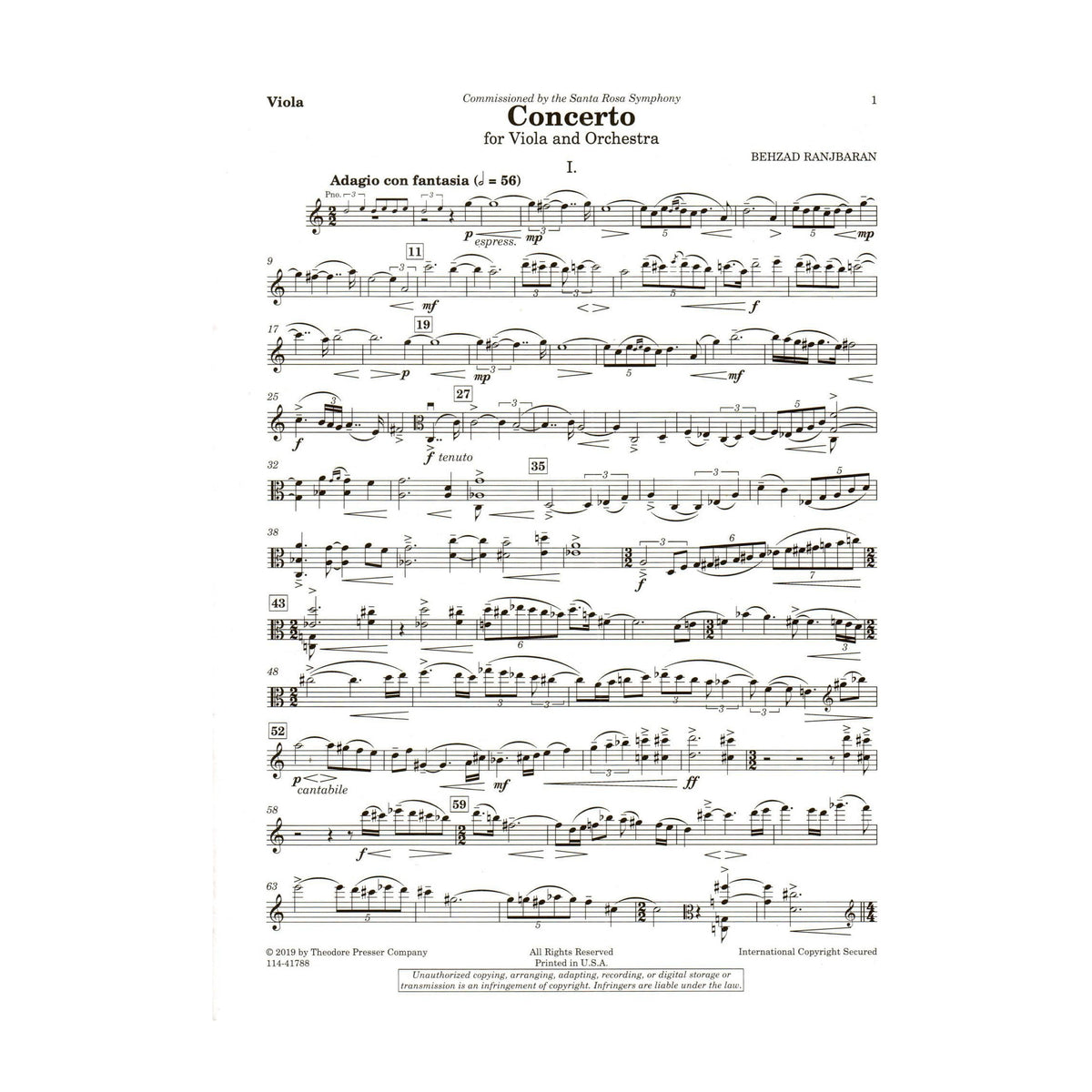 Ranjbaran, Behzad - Concerto for Viola and Orchestra - for Viola and Piano - Theodore Presser