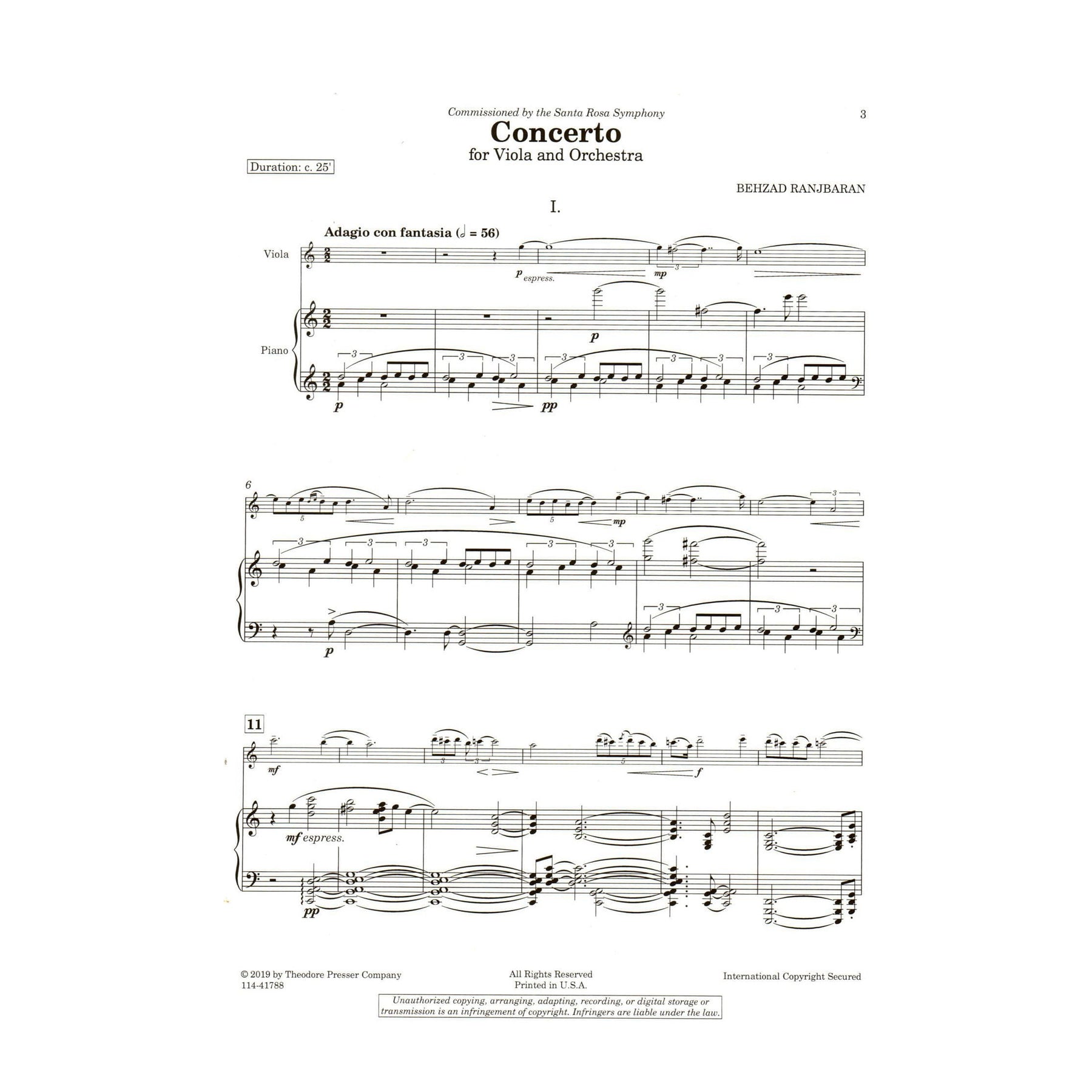 Ranjbaran, Behzad - Concerto for Viola and Orchestra - for Viola and Piano - Theodore Presser